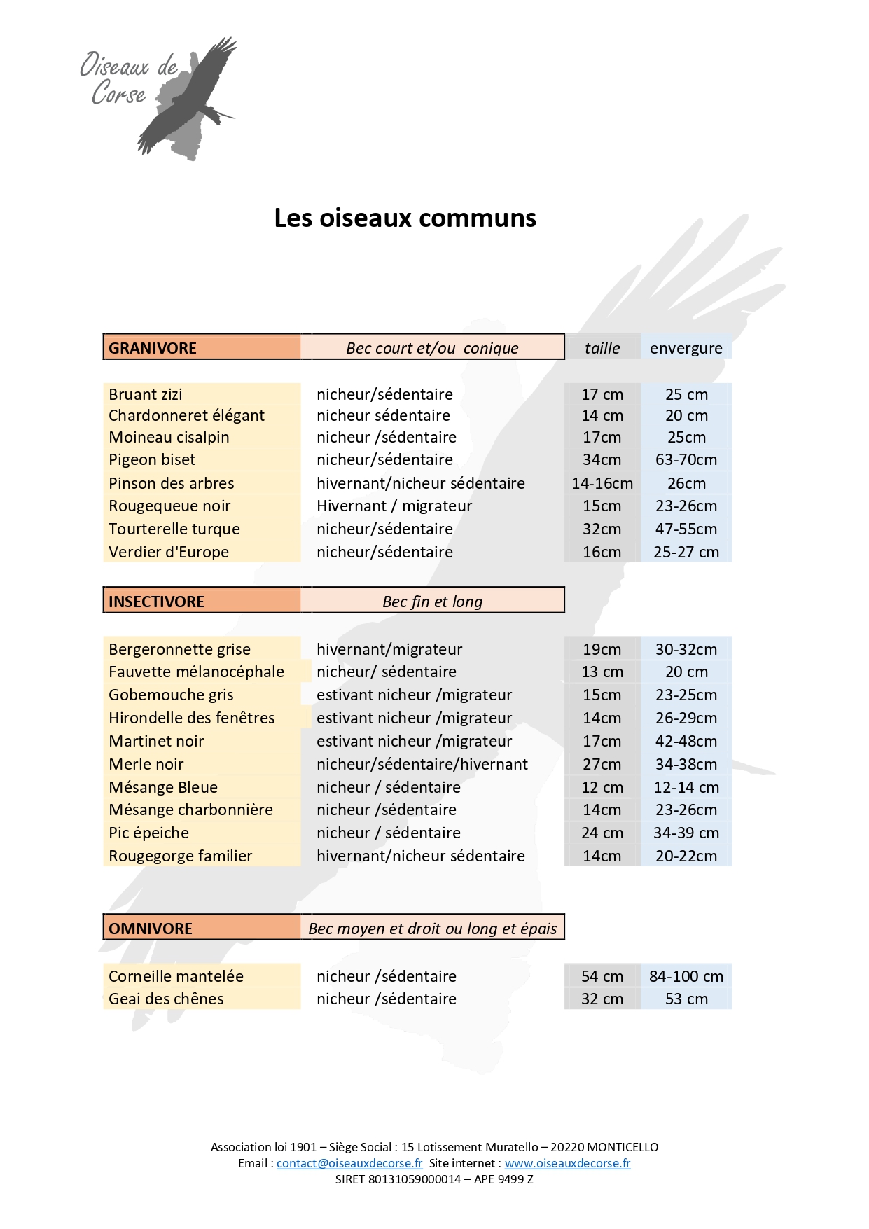 Fiche succincte Les oiseaux communs